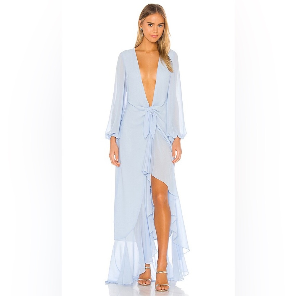 Michael Costello Revolve Vienna Gown Baby Blue Ruffle Deep V Maxi Dress XS